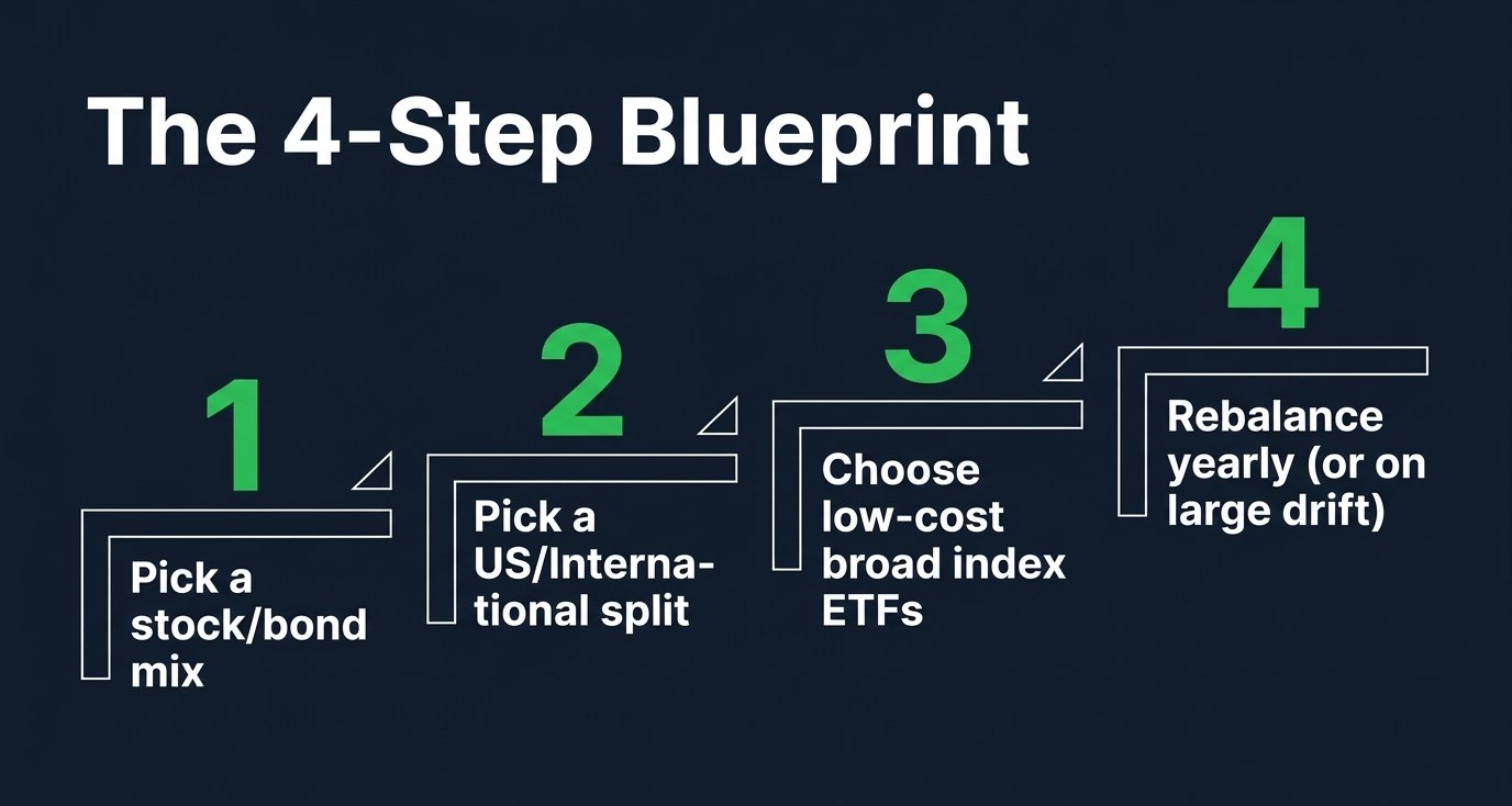 Slide: the four steps to build a 3-ETF portfolio, from stock and bond mix to yearly rebalancing