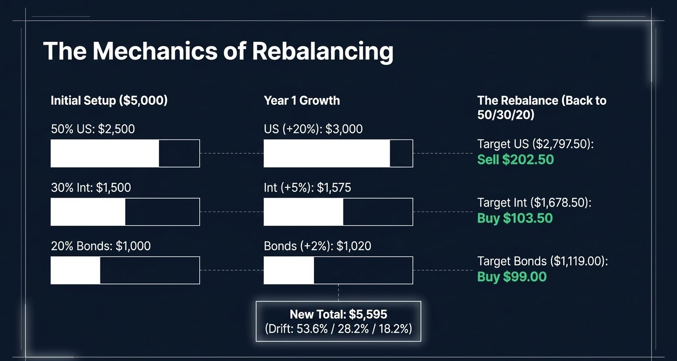 Slide: rebalancing a hypothetical $5,000 portfolio from $5,595 back to a 50/30/20 mix