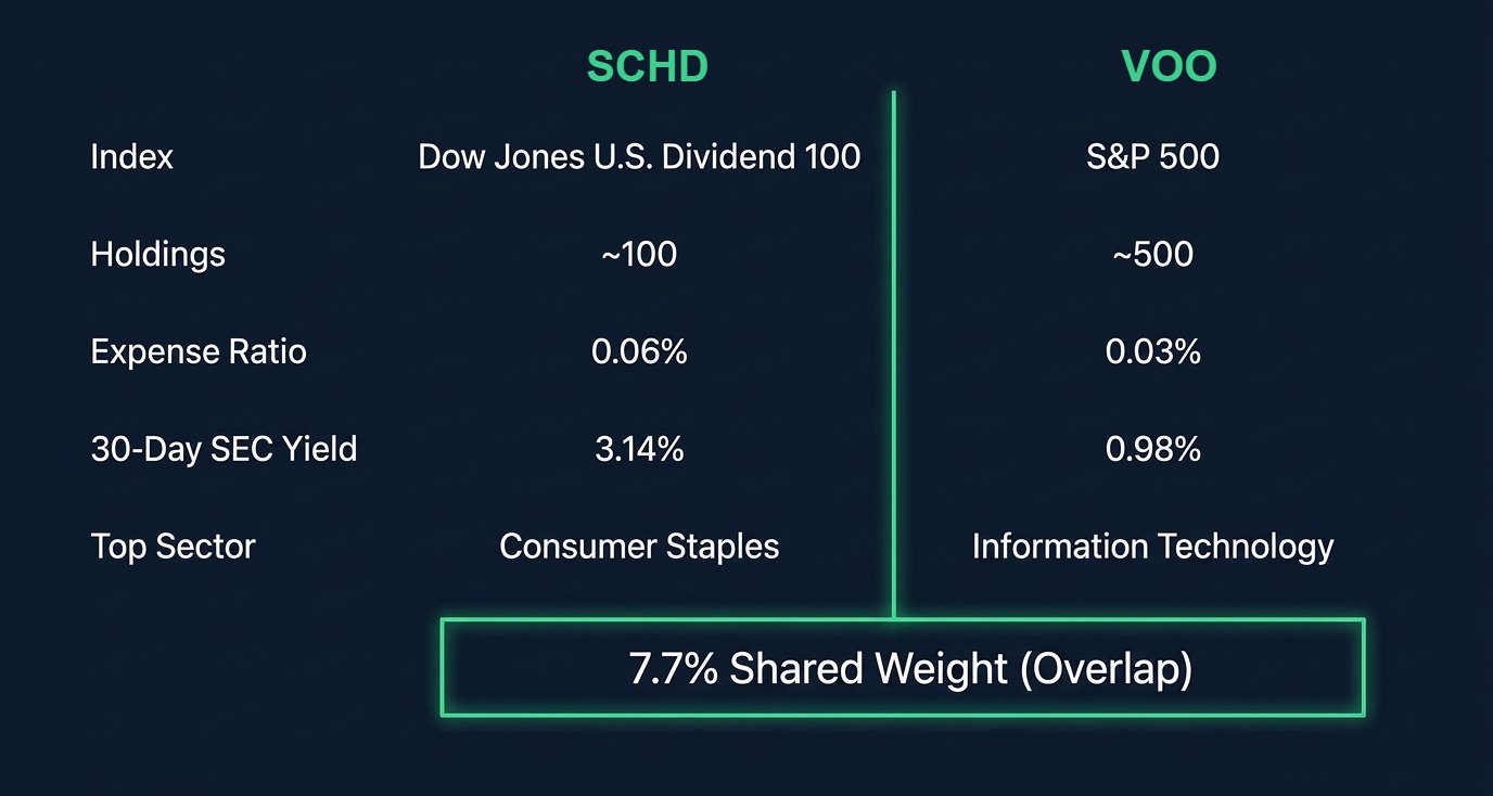 Side-by-side slide comparing SCHD and VOO on index, holdings, expense ratio, SEC yield, top sector and 7.7% overlap