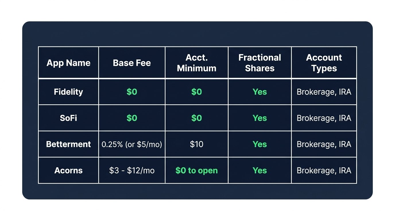 Slide comparing Fidelity, SoFi, Betterment and Acorns on base fee, account minimum, fractional shares and account types