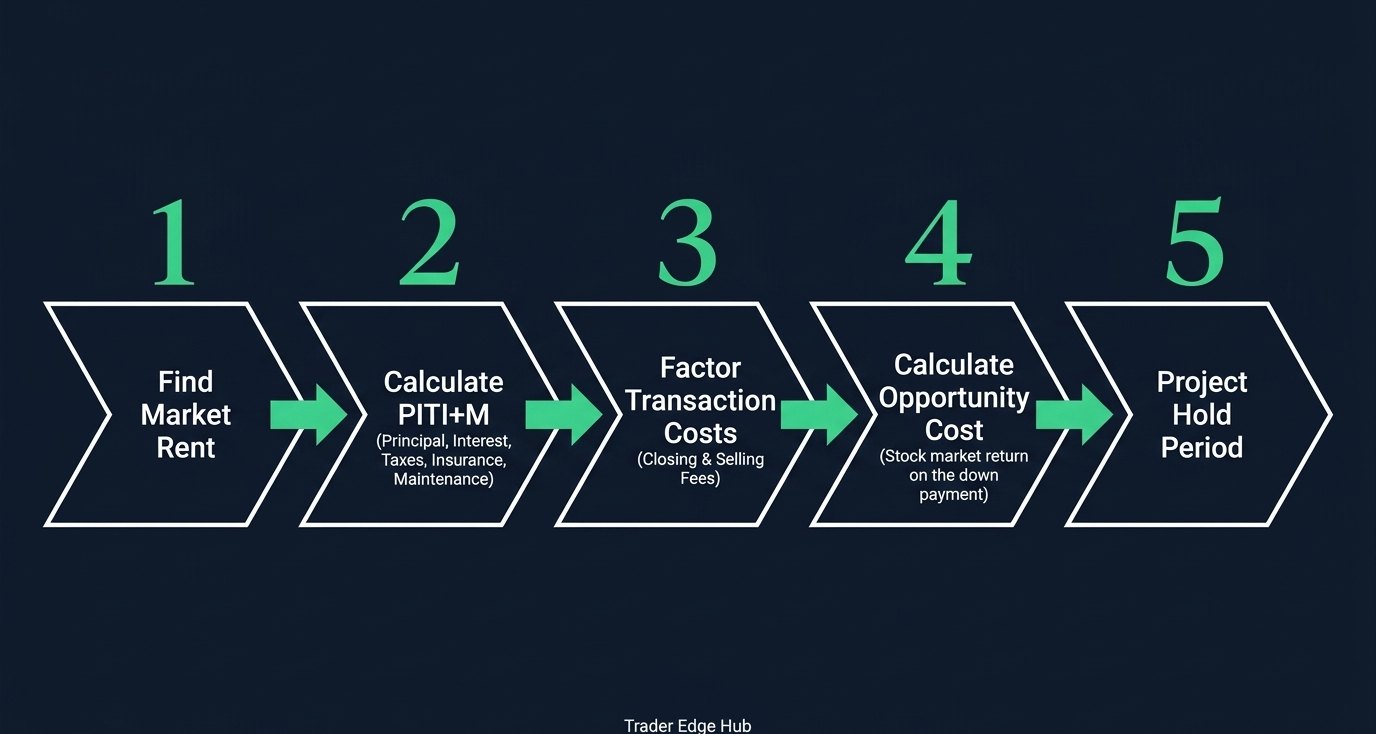 Five steps to run rent vs buy numbers: market rent, owning cost, transaction costs, opportunity cost and hold period