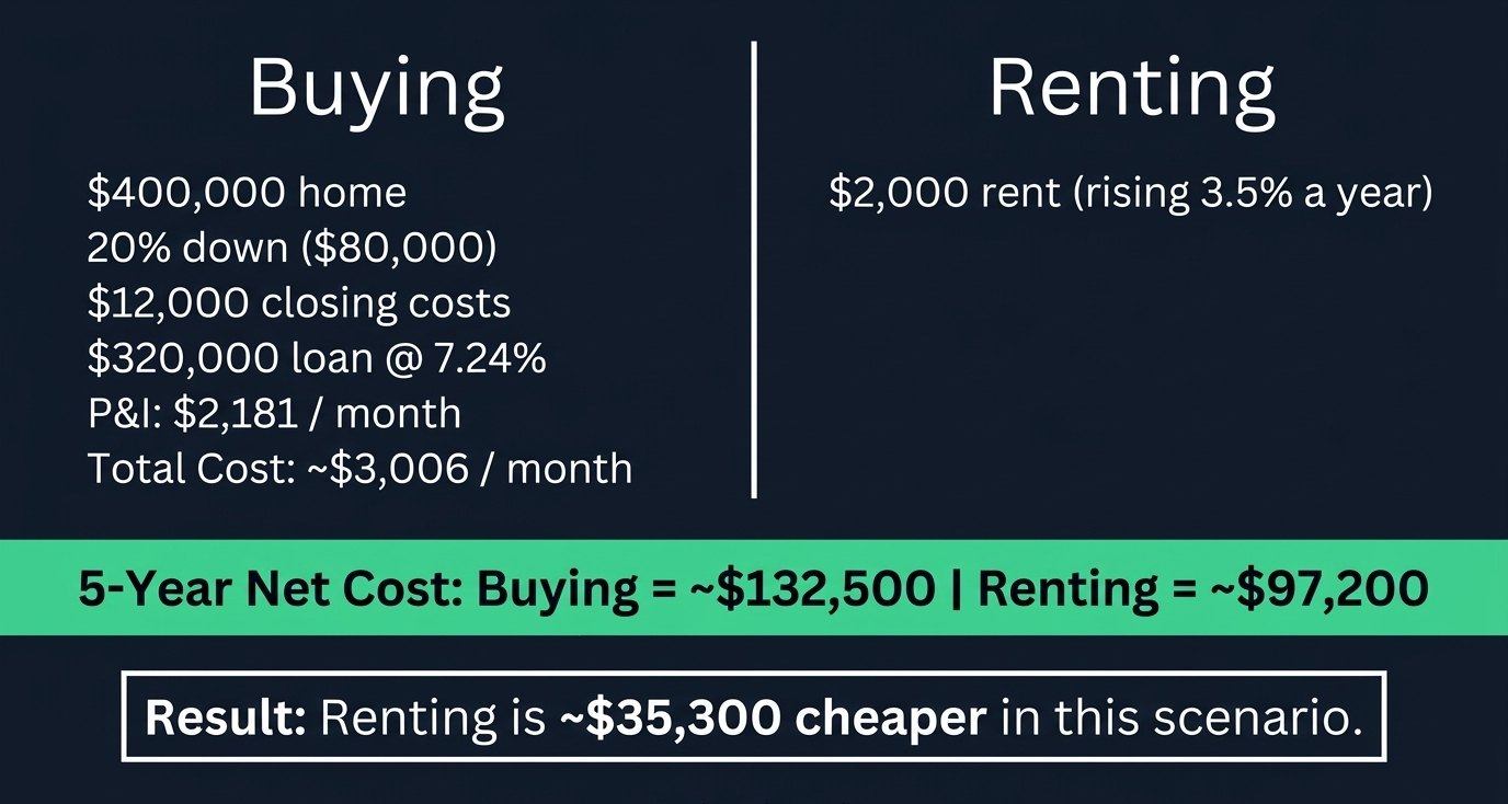 Worked example: buying a $400,000 home costs about $132,500 net over 5 years vs about $97,200 for renting at $2,000 a month