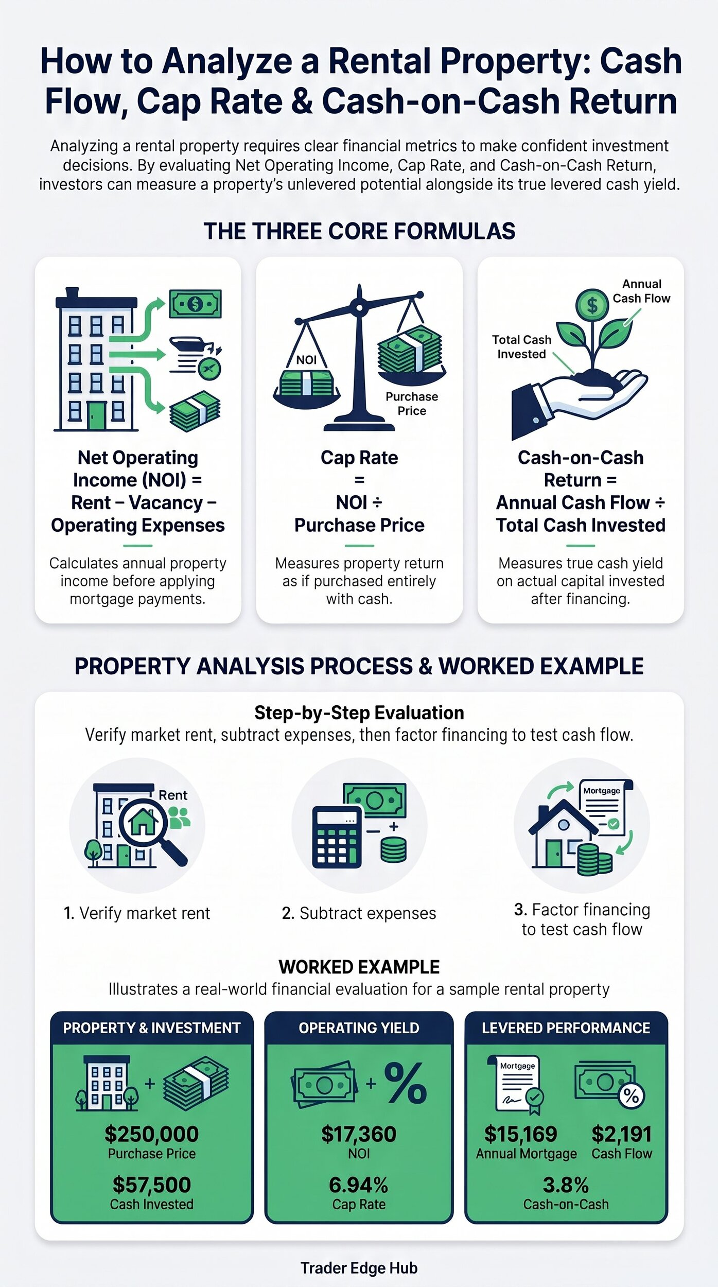 Infographic: how to analyze a rental property with the NOI, cap rate and cash-on-cash formulas and a $250,000 worked example