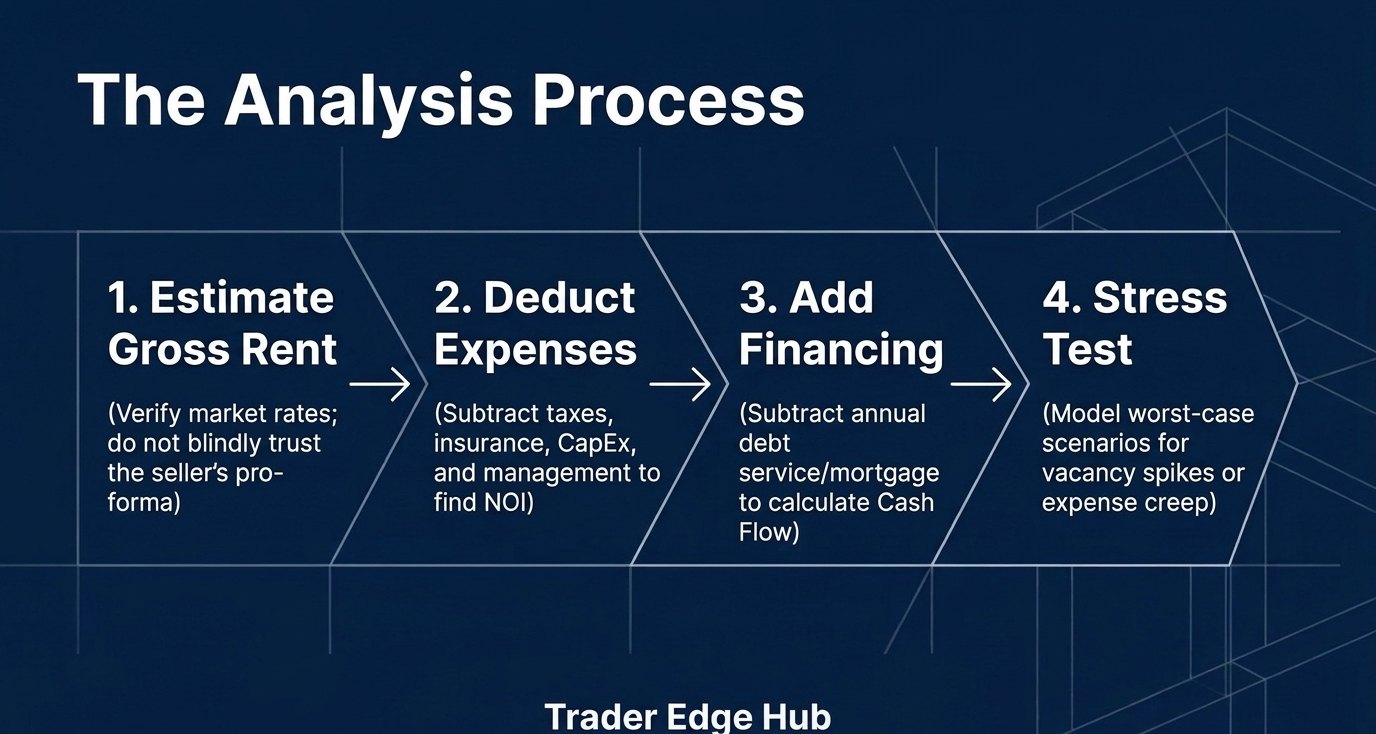 Slide: the four-step rental property analysis process from gross rent to stress test