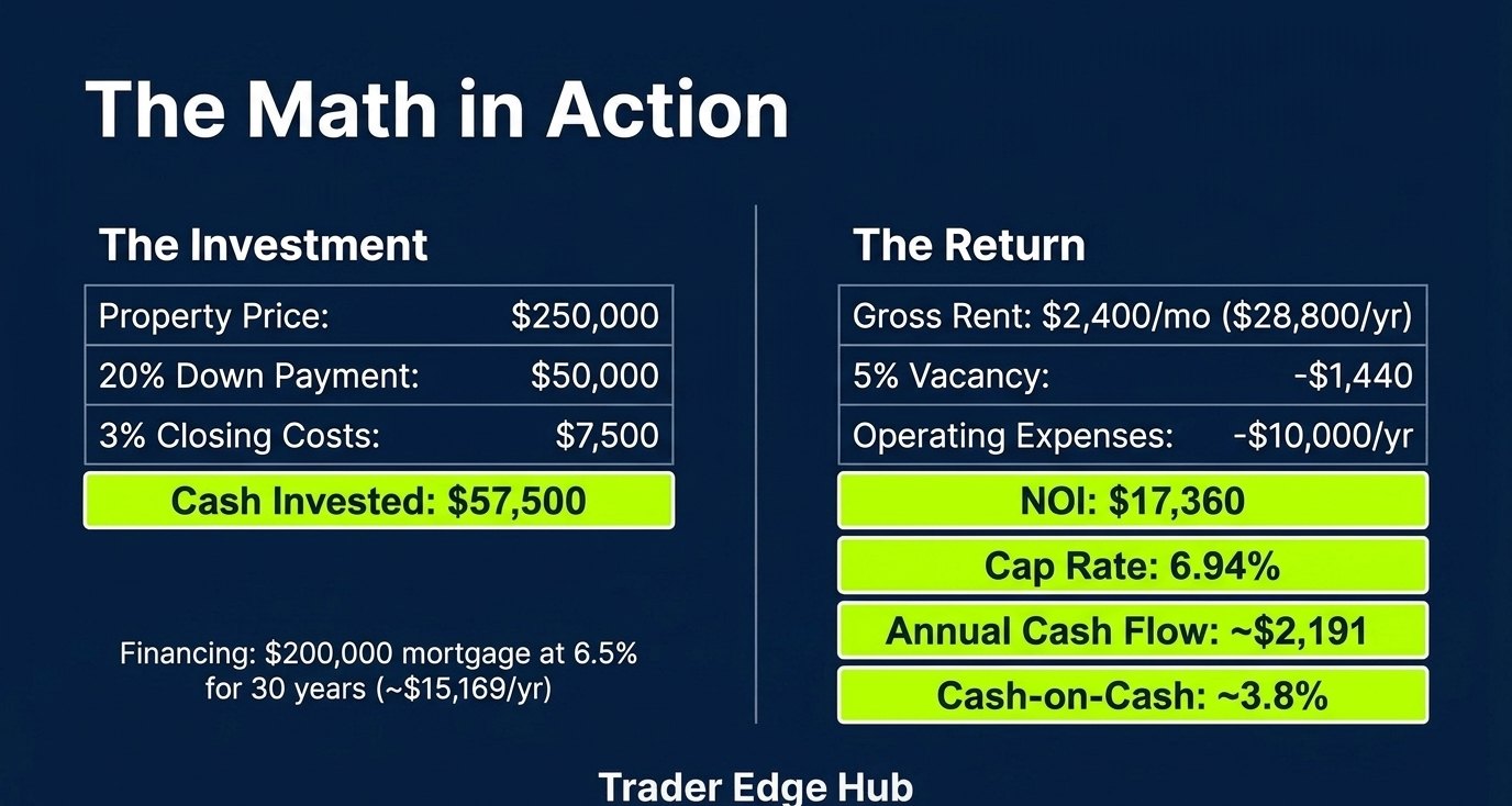 Slide: worked example with $57,500 cash invested, $17,360 NOI, 6.94% cap rate and about 3.8% cash-on-cash return