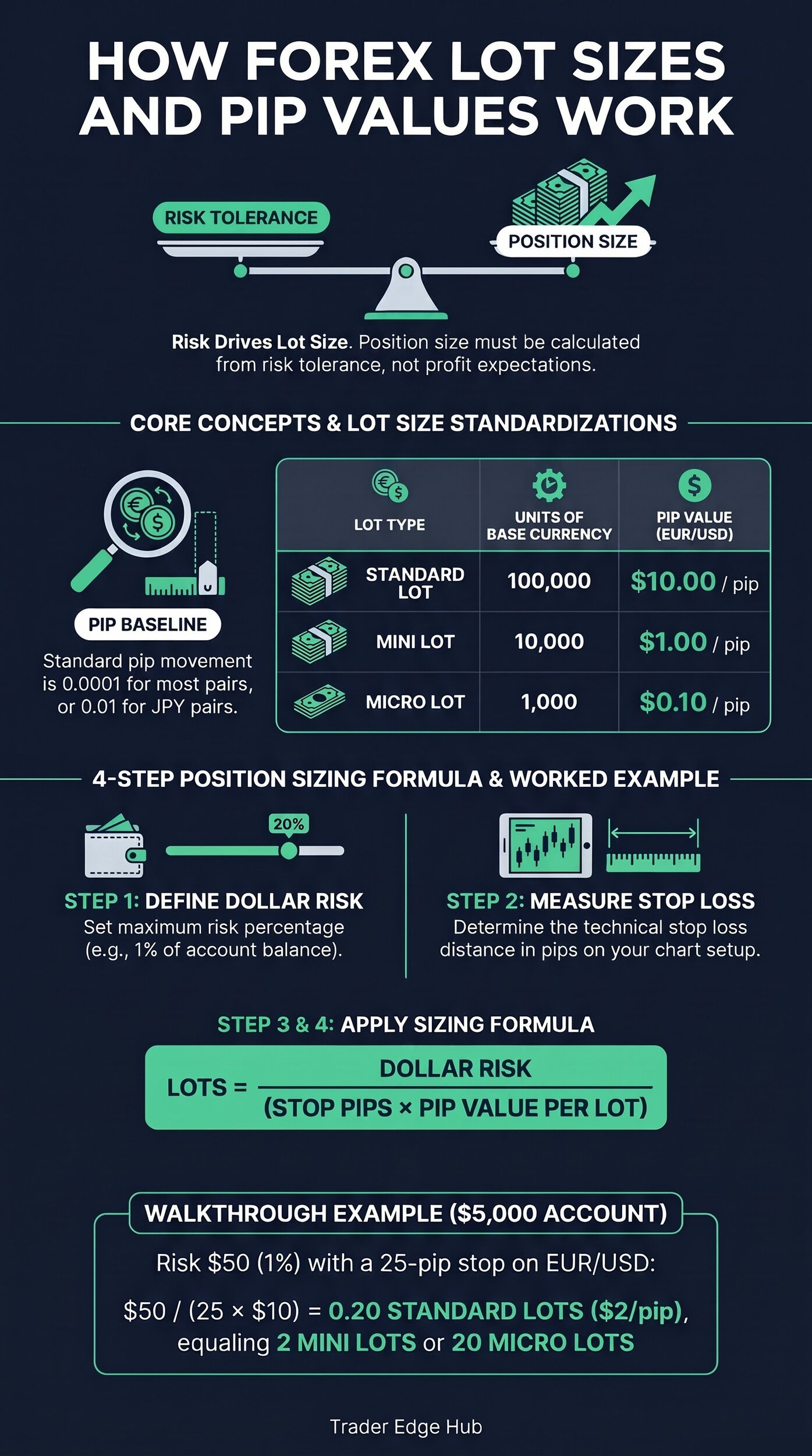 Infographic: forex pip basics, standard, mini and micro lot pip values, the 4-step lot size formula and a $5,000 account worked example