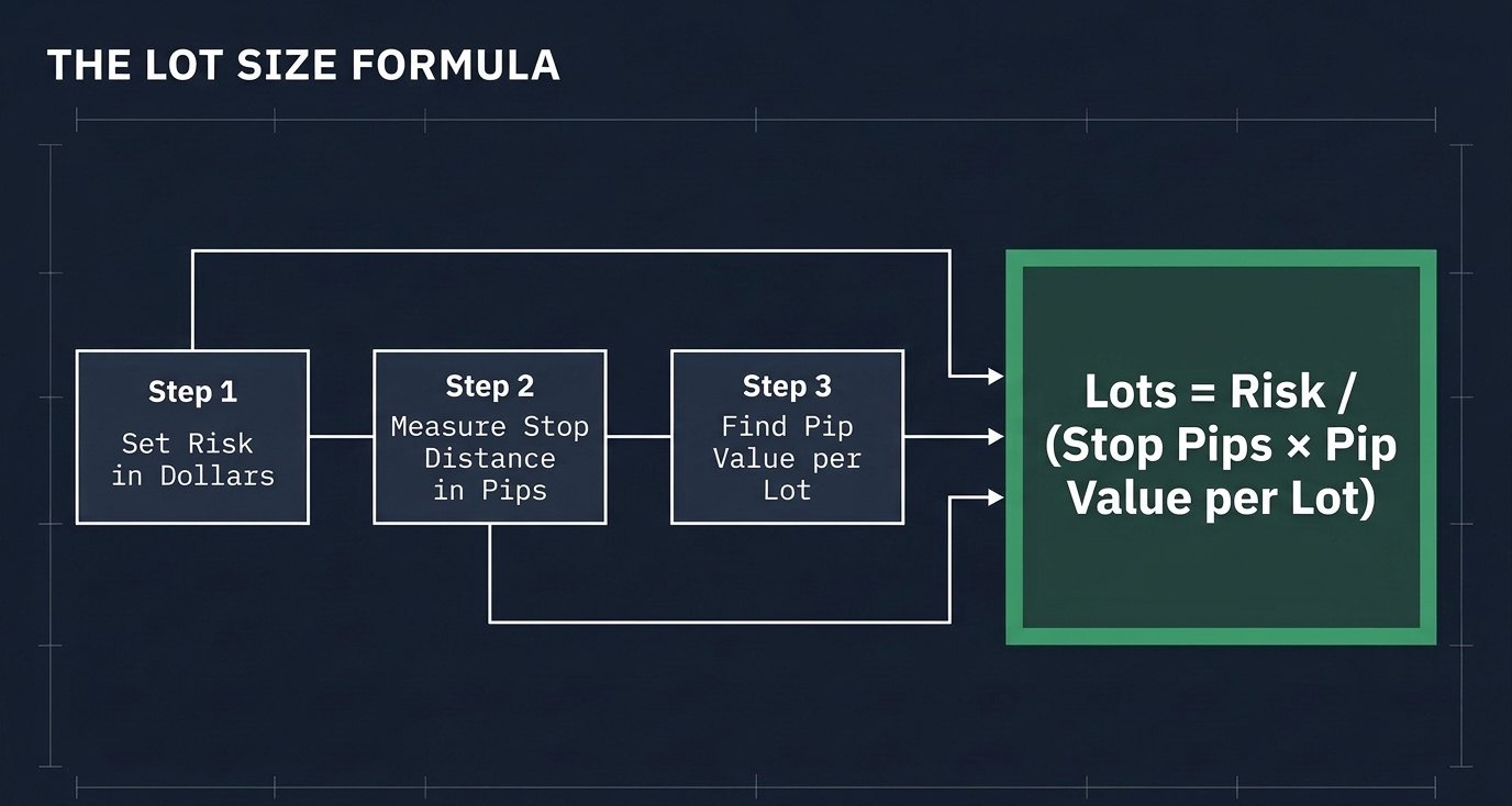 Slide: the lot size formula, lots equal risk divided by stop pips times pip value per lot