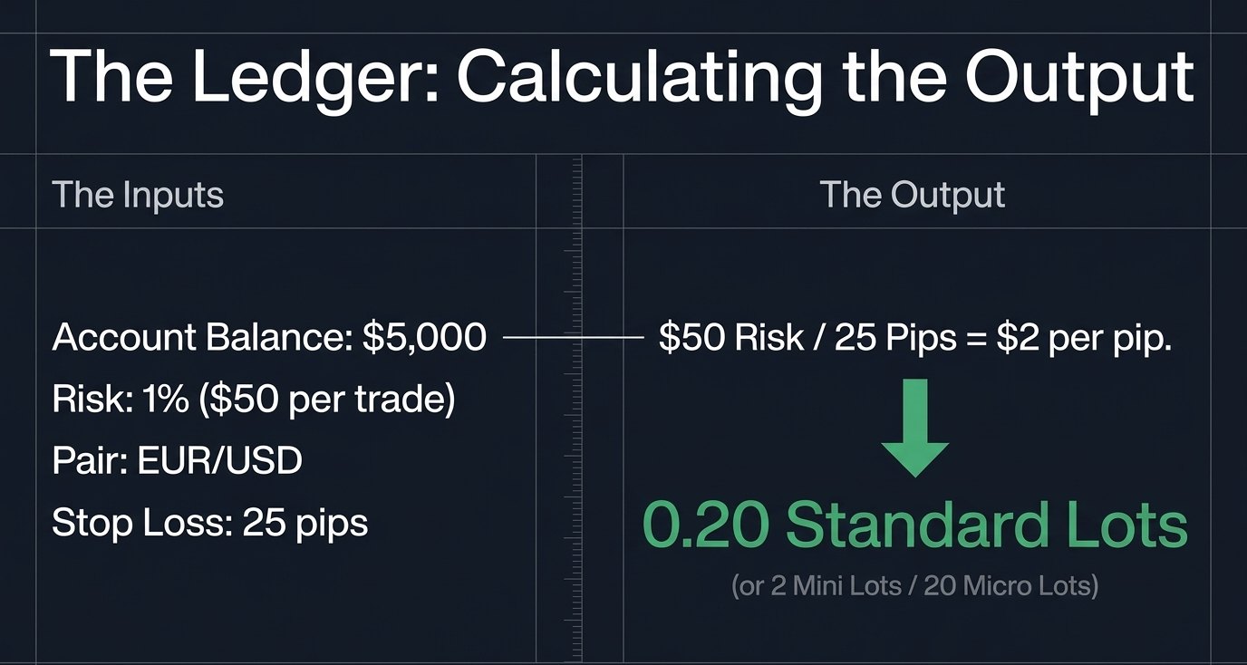 Slide: worked example, $5,000 account at 1% risk with a 25-pip EUR/USD stop gives 0.20 standard lots