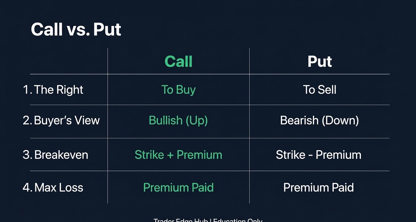 Call vs put comparison table: right to buy or sell, buyer view, breakeven and maximum loss