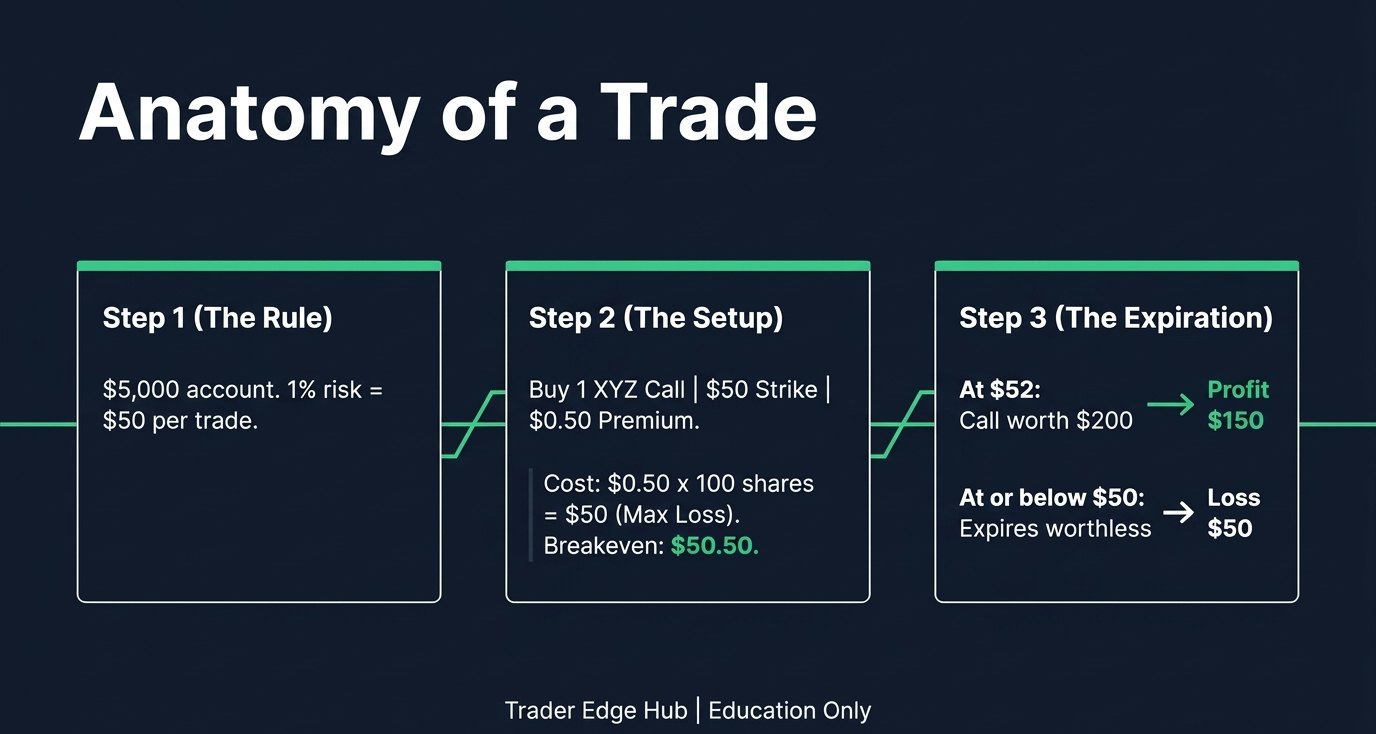 Worked example: $5,000 account, $50 risk, one $50 strike call with a $0.50 premium and a $50.50 breakeven