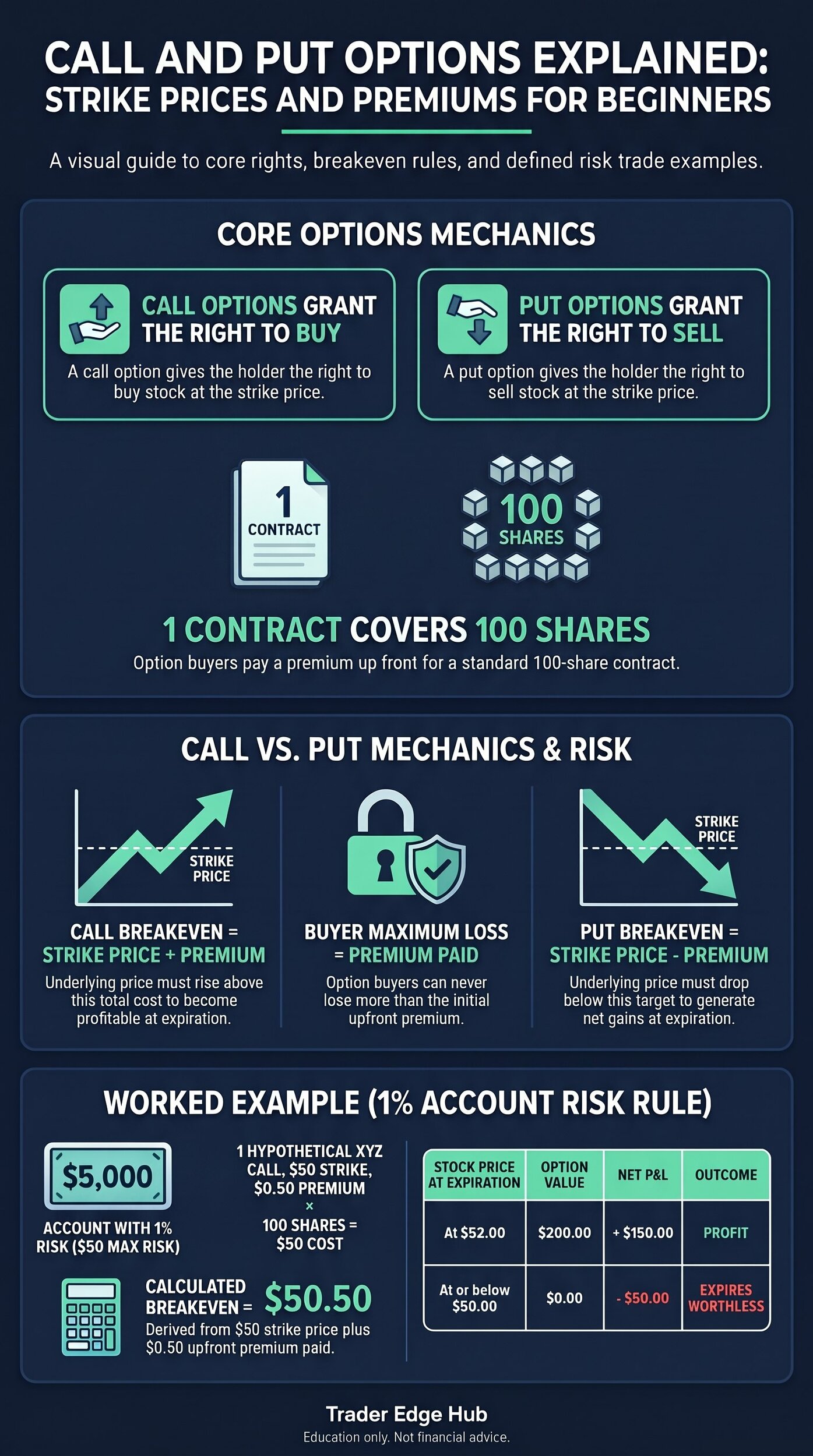 Infographic: call and put options basics, breakeven rules and a $50-risk worked example with a $50 strike call