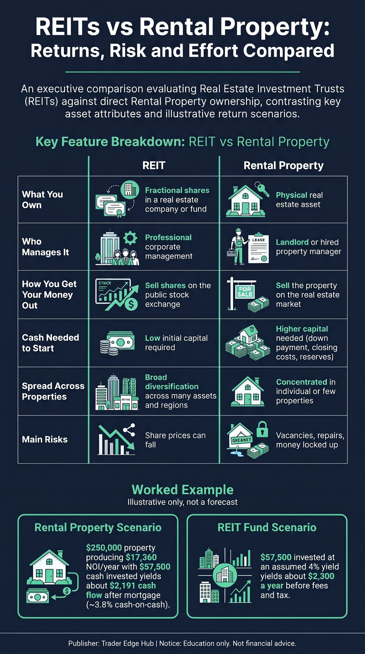 Infographic comparing REITs and rental property on ownership, management, liquidity, cash needed, diversification and risk, with the $57,500 worked example