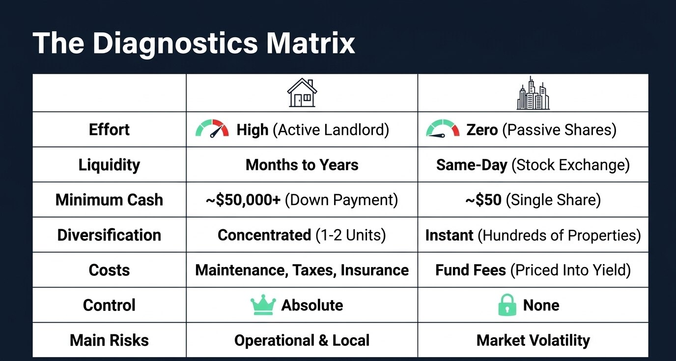 Slide comparing rental property and REITs on effort, liquidity, minimum cash, diversification, costs, control and main risks