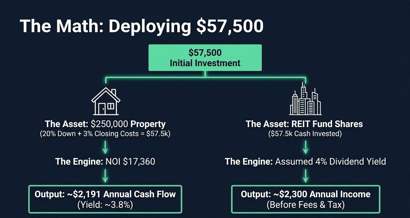 Worked example slide: $57,500 in a $250,000 rental gives about $2,191 cash flow (3.8%) versus about $2,300 from REIT shares at an assumed 4% yield