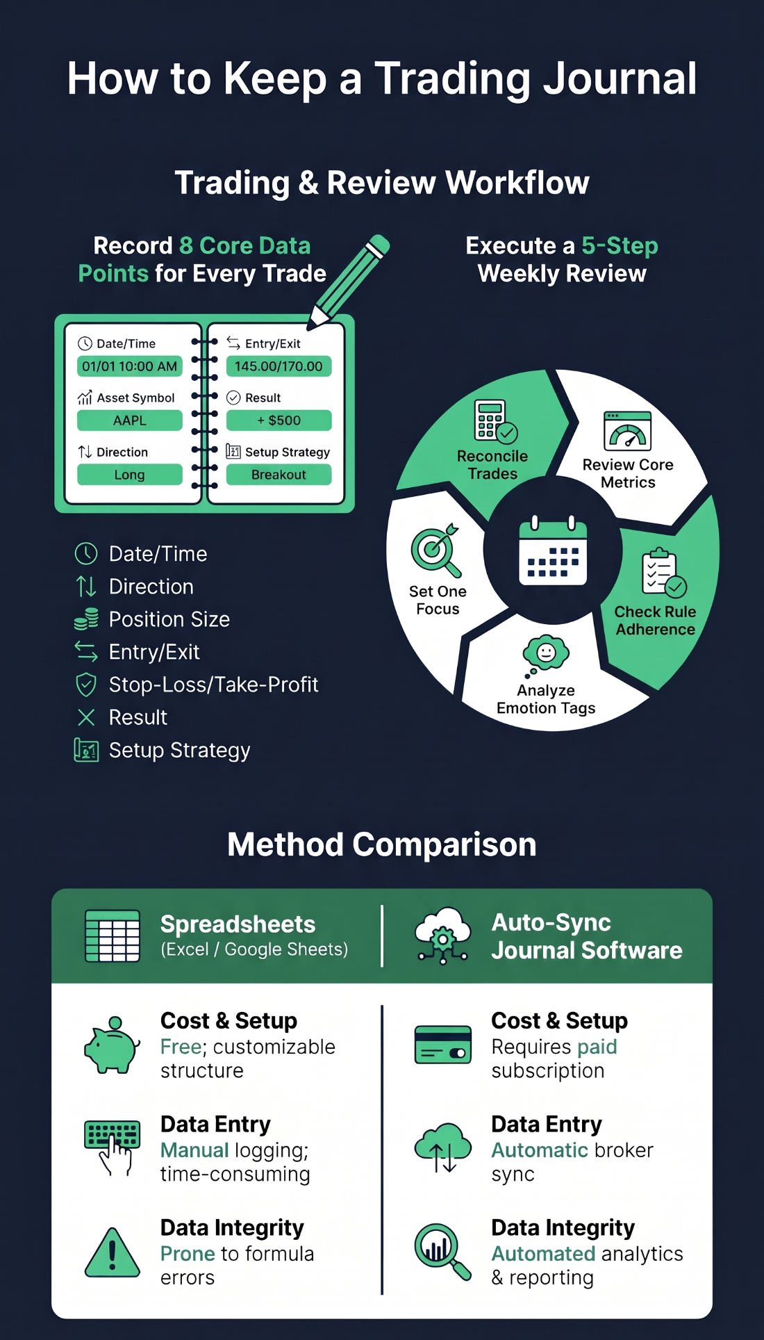 Infographic: the 8 items to record in a trading journal and a 5-step weekly review