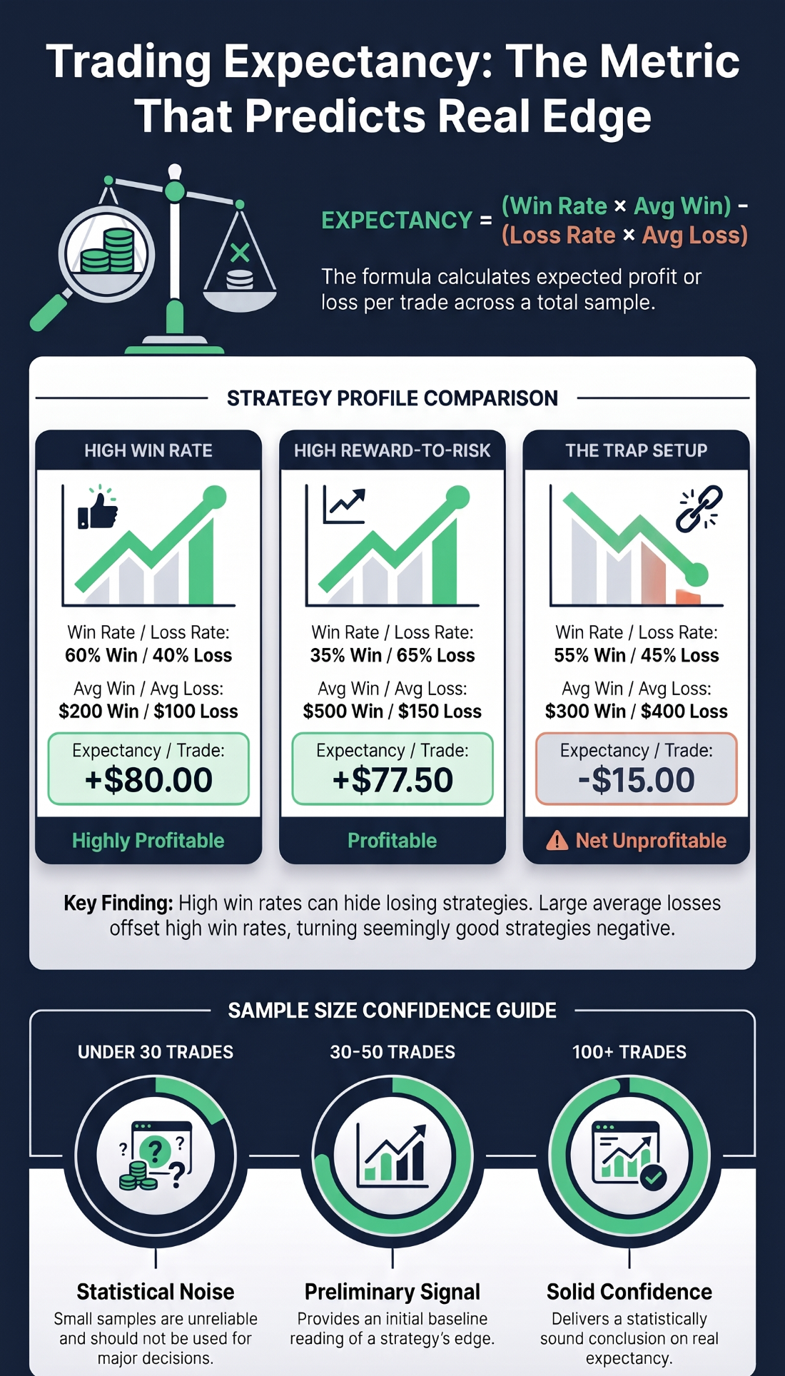 Infographic comparing three trading strategies by expectancy and a guide to sample size