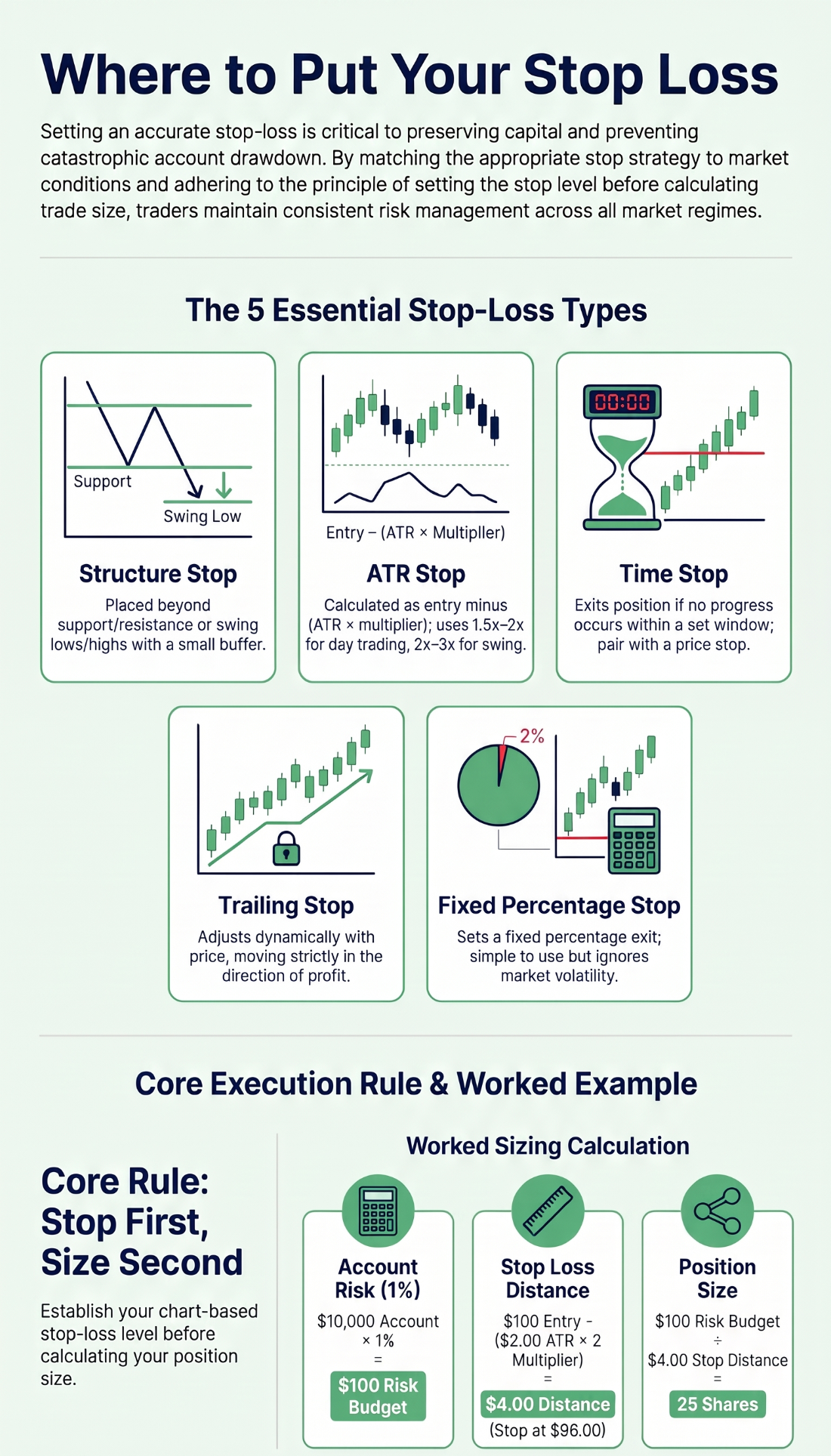 Infographic showing five stop loss types and an ATR stop worked example