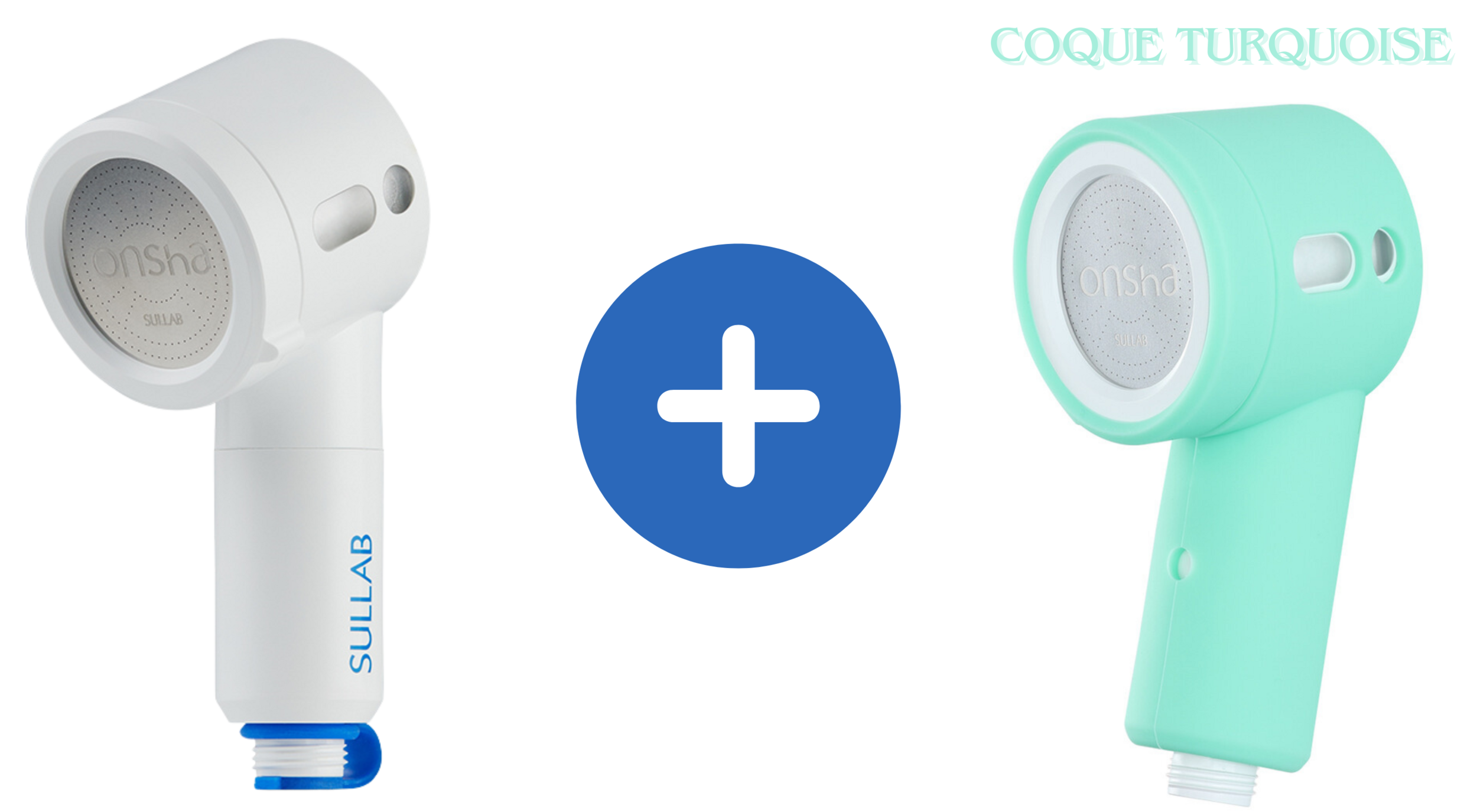Pommeau de douche et coque turquoise