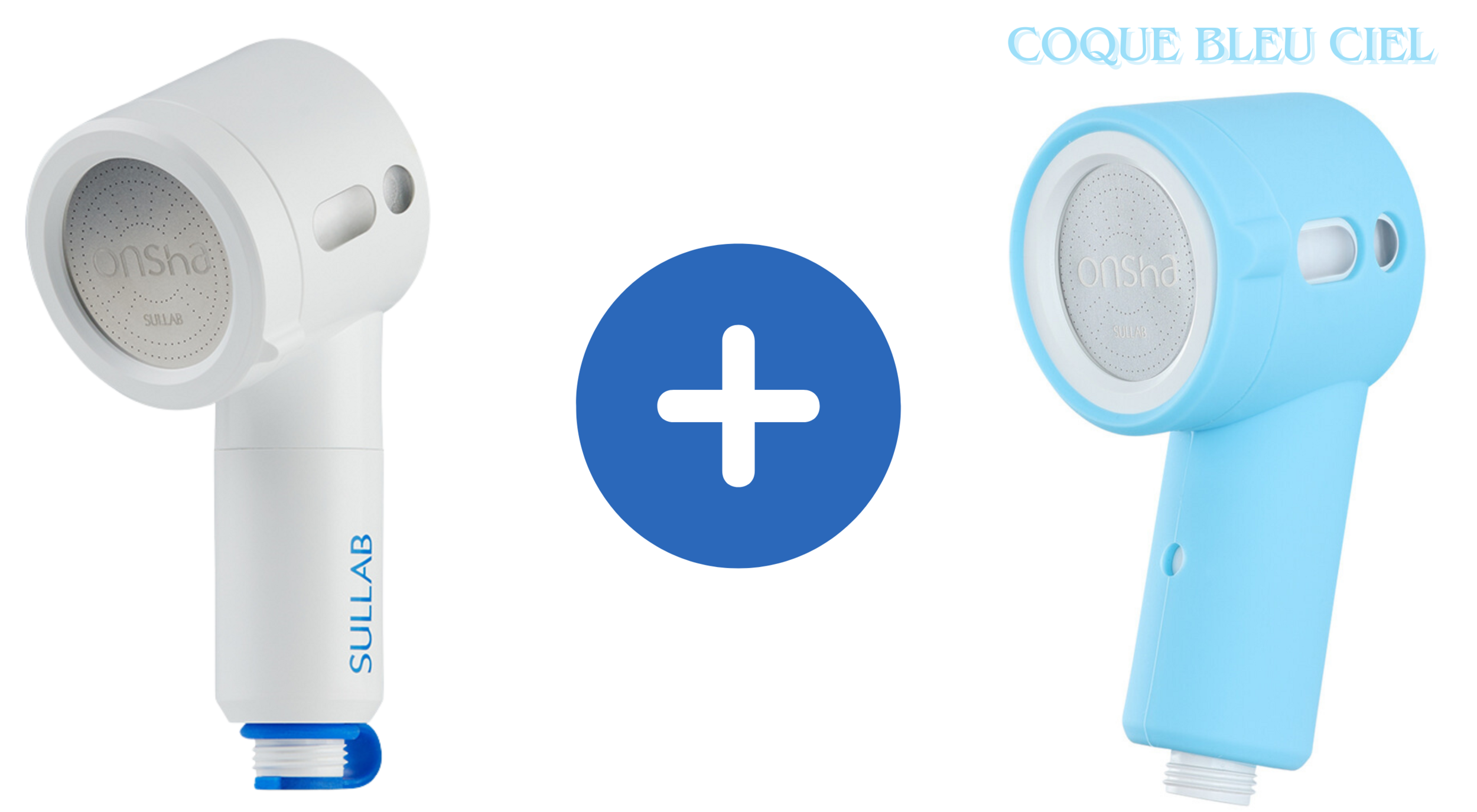 Pommeau de douche et coque bleu ciel