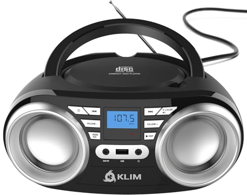 KLIM B3 Portable CD Player Boombox with FM Radio, Bluetooth, USB, AUX – Bluetooth Boombox MP3 Player with Dual Speakers, EQ Sound, 20 Preset Stations, Compact and Lightweight