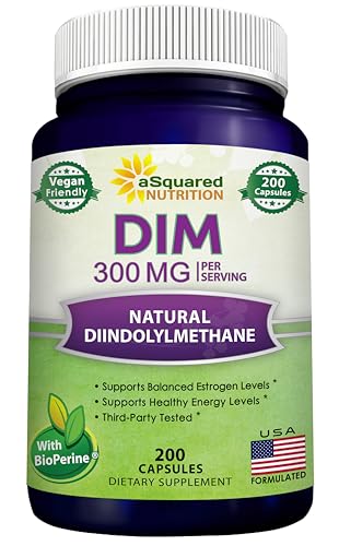 aSquared Nutrition DIM Supplement 300mg Plus BioPerine - 200 Veggie Capsules - Diindolylmethane DIM Max Strength Pills to Support Estrogen Metabolism & Balance, Menopause Relief, PCOS, Hormonal Acne