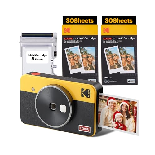 KODAK Mini Shot 2 Retro 4PASS 2-in-1 Instant Digital Camera and Photo Printer (2.1x3.4 inches) Initial 8 Sheets + 60 Sheets Bundle, Yellow