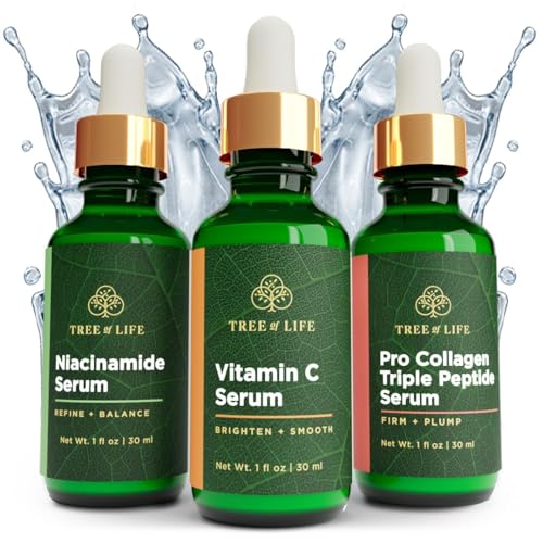 Tree of Life Beauty Skin Care Set, Brightening, Firming, Dry Face, Dermatologist Tested - Complete Hydration Trio, Vitamin C Serum, Niacinamide Serum, Pro Collagen Peptide Serum, 3 count of 1Fl oz