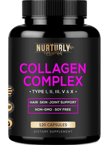 NURTURLY Multi Collagen Peptides Powder Capsules - Hydrolyzed Collagen Peptides Types (I, II, III, V & X) - Collagen Supplements for Joint Health, Anti-Aging, Hair, Skin & Nails - 120 Capsules