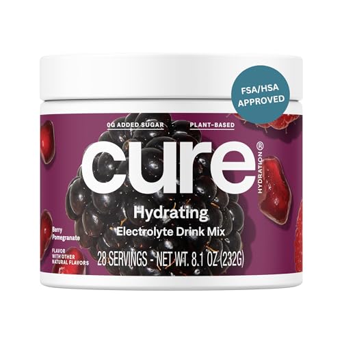 Cure Hydration | Plant-Based Electrolyte Drink Mix | No Added Sugar | Dehydration Relief Powder Made with Coconut Water | Non-GMO | Vegan | FSA & HSA | 28 Servings Jar - Berry Pomegranate