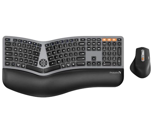 ProtoArc Ergonomic Wireless Keyboard Mouse, EKM01 Plus Full Size Ergo Bluetooth Keyboard Mouse Combo, Split Design, Wrist Rest, Multi-Device, Rechargeable, for Windows/Mac OS