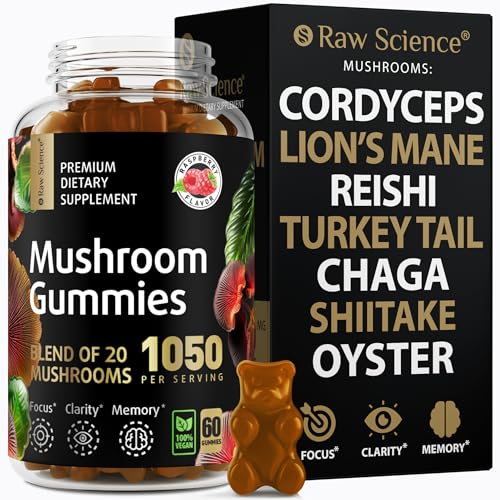 Mushrooms Complex Gummies with Lions Mane, Nootropic Brain Supplements for Memory and Focus: Lion\'s Mane, Cordyceps, Shiitake, Turkey Tail, Reishi, Chaga, Enoki, Oyster Mushroom Supplement - 60 Units