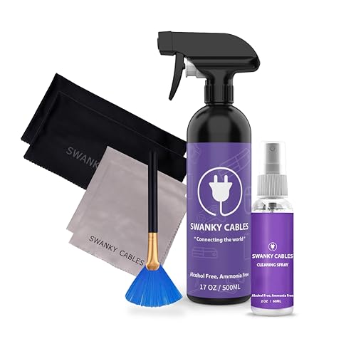 Swanky Cables Screen Cleaner Spray Kit - Electronic Cleaning for Computer, Laptop, TV, Phone, Tablet, PC, Keyboard, Car Display, LCD & 4K Flat Screen, Includes 2 Microfiber Cloths - 17oz & 2oz, 1 Pack