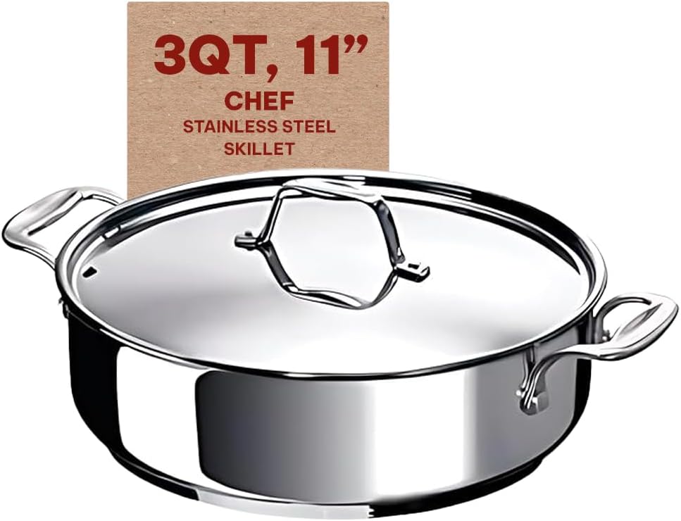 Alva Chef Stainless Steel Saute Frying Pan Skillet with Lid Non Toxic Oven Safe, 11 3 Qt PFAS, PFOA & PFTE Free, for Cooking Pan Set, Induction Safe, Add to Your Pots and Pans Set Cookware