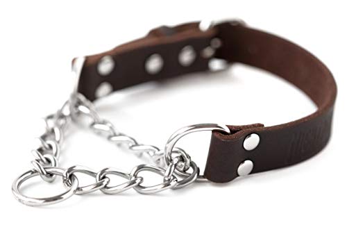 Mighty Paw Martingale Dog Collar - No Pull Design - Stainless Steel Chain - Limited Chain Cinch Training - Dog Collar Leather Martingale - Brown Leather Martingale Training Collar - Large Size Collar