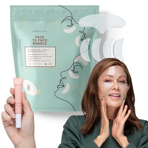 Dermaclara Face to Face Bundle - Includes 4 Eyes & Mouth Occlusion Patches, 1 Forehead Occlusion Patch, 1 Patch Prep, and 1 7 ml Peptide Infused Lip Serum - Complete Silicone Face Patches Kit