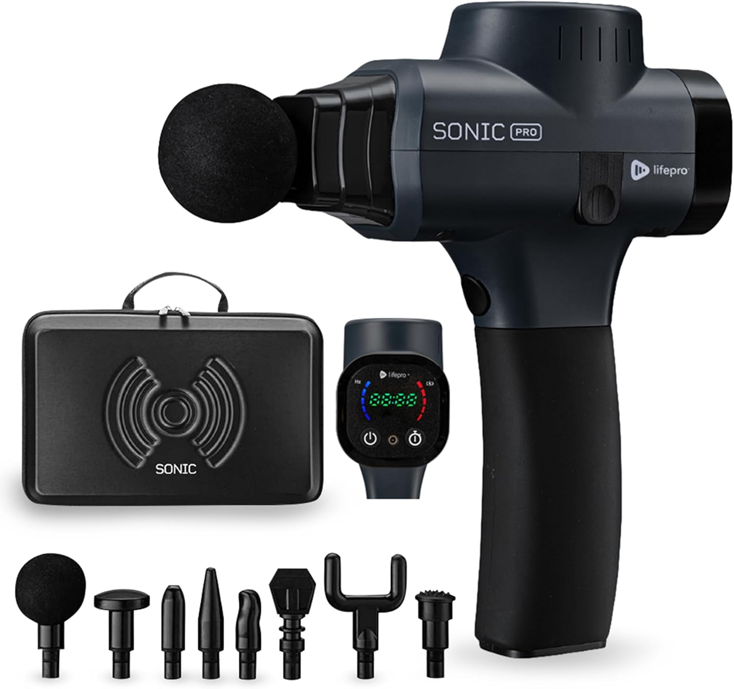 LifePro Sonic Pro Percussion Massage Gun Deep Tissue Percussive Back Massager Device for Athlete | Electric Handheld Muscle Massager Gun, 8 Massager Gun Attachments for Neck and Back Black