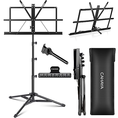 CAHAYA 2 in 1 Dual Use Folding Sheet Music Stand & Desktop Book Stand Higher Version Lightweight Portable Adjustable with Carrying Bag, Metal Music Stand with Music Sheet Clip Holder CY0305