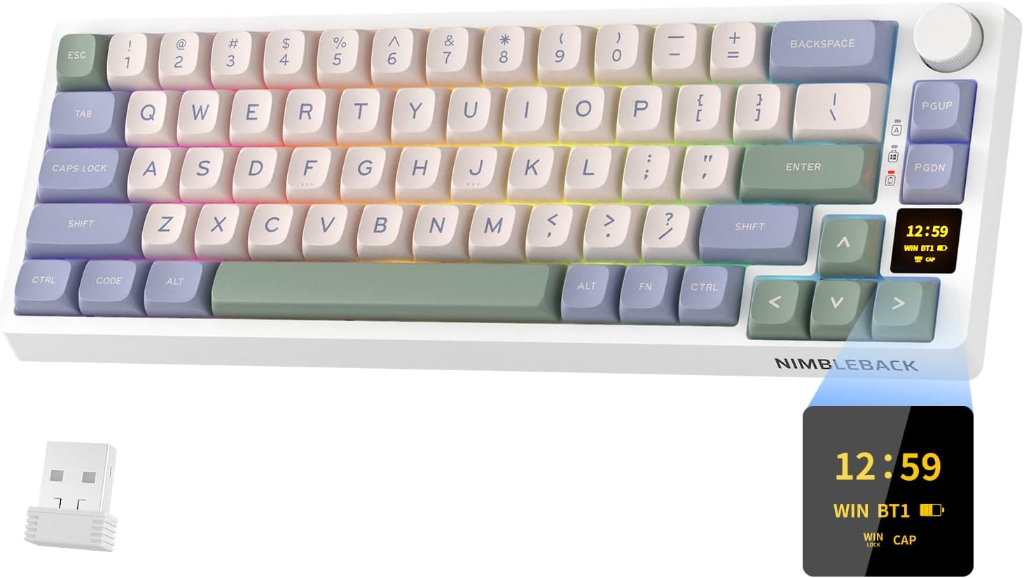 LTC Nimbleback NB682 PRO 65% Wireless Mechanical Keyboard w/Display Screen & Knob, 2.4G/ BT/USB-C Wired RGB 68 Keys Gaming Keyboard, 5-Layer Dampener, Hot Swap PCB, Software Support, Linear Switch White, Blue & Green