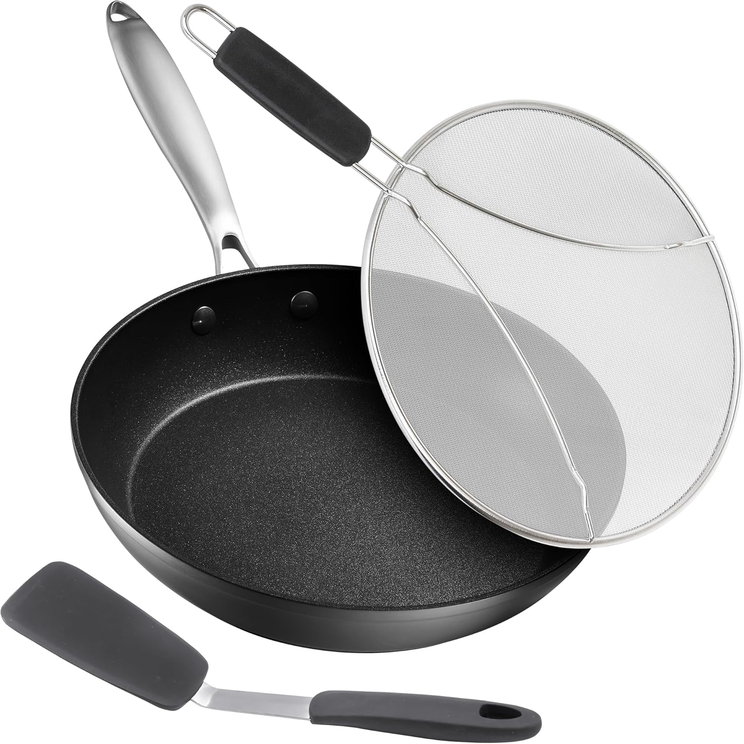 Frying Pan Nonstick - 10 Non Stick Frying Pan with Lid Splatter Screen - Lightweight Aluminum Fry Pan Skillet Includes Spatula - 2 Deep Egg Pan, PFAS-Free and PFOA Free, Dishwasher Safe, Oven Safe Splatter screen with frying pan