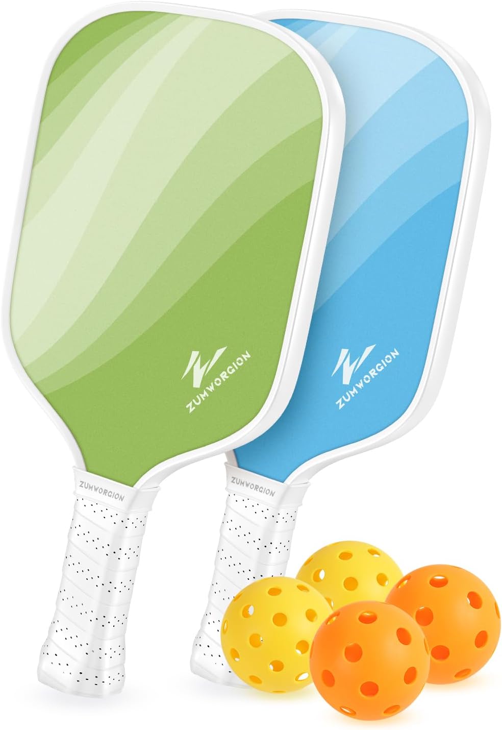 ZUMWORGION® Pickleball Paddles Set of 2/4: Fiberglass Pickle Paddles with Balls for Beginner - 8mm Honeycomb Core Lightweight Spin Surface for Kids - Cute Girly Pickle Gift for Women | 14mm 7oz Blue Green 2 Pack