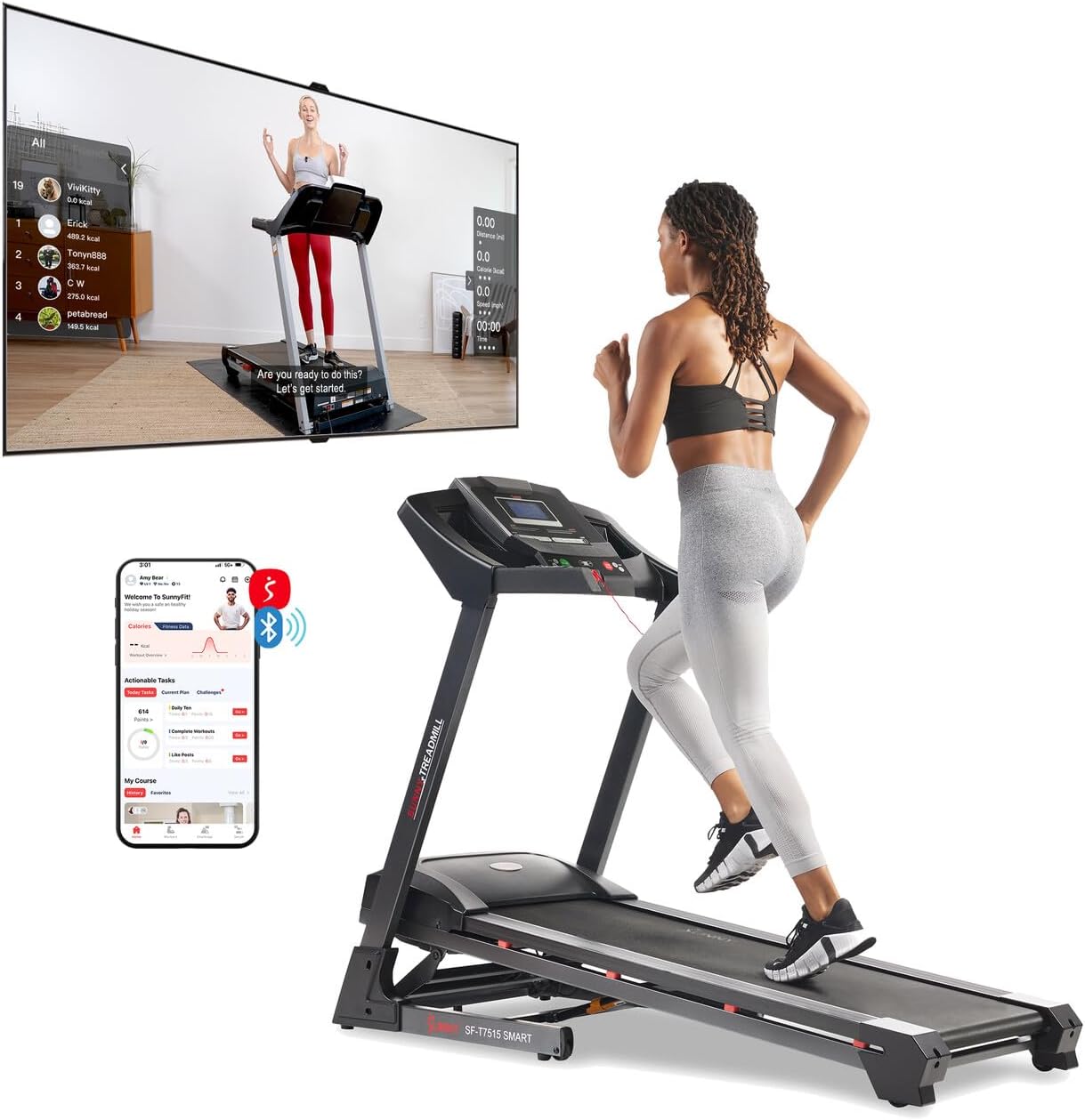 Sunny Health & Fitness Premium Foldable Treadmill for Home, Running or Walking with Auto Incline, Shock Absorption, Digital Display, Optional 20” Running Deck, Free SunnyFit App Bluetooth Connection Smart
