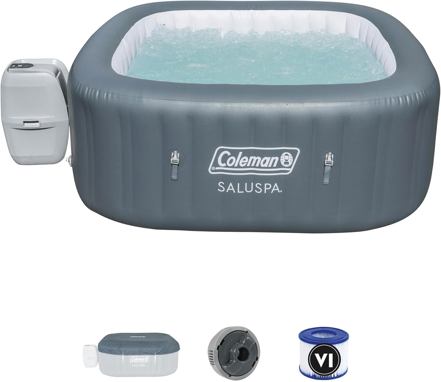 Bestway Coleman Hawaii AirJet Large Square 4 to 6 Person Inflatable Hot Tub Portable Outdoor Spa with 140 AirJets and EnergySense Cover, Grey Gray