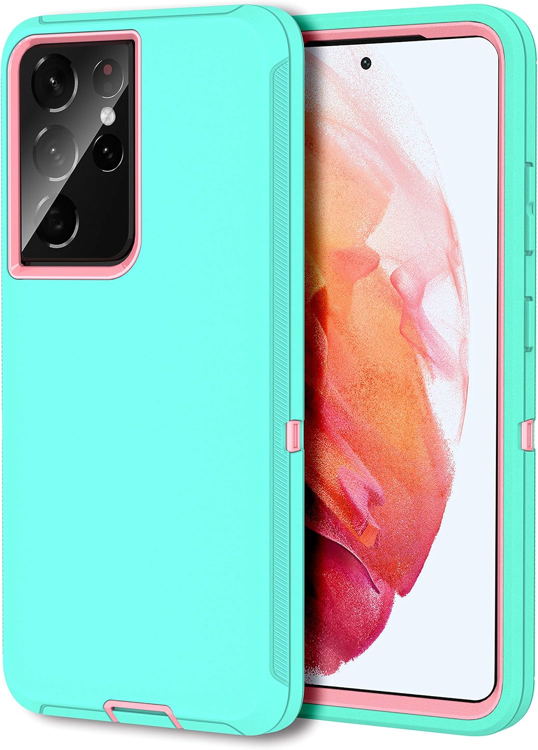 MXX Case Compatible with Galaxy S21 Ultra Case, 3-Layer Super Full Heavy Duty Body Bumper Cover/Shock Protection/Dust Proof, Designed for Samsung Galaxy S21 Ultra 5G 6.8 Inch 2021 (Aqua/Light Pink) Galaxy S21 Ultra 5G (6.8 inch) Aqua/light Pink