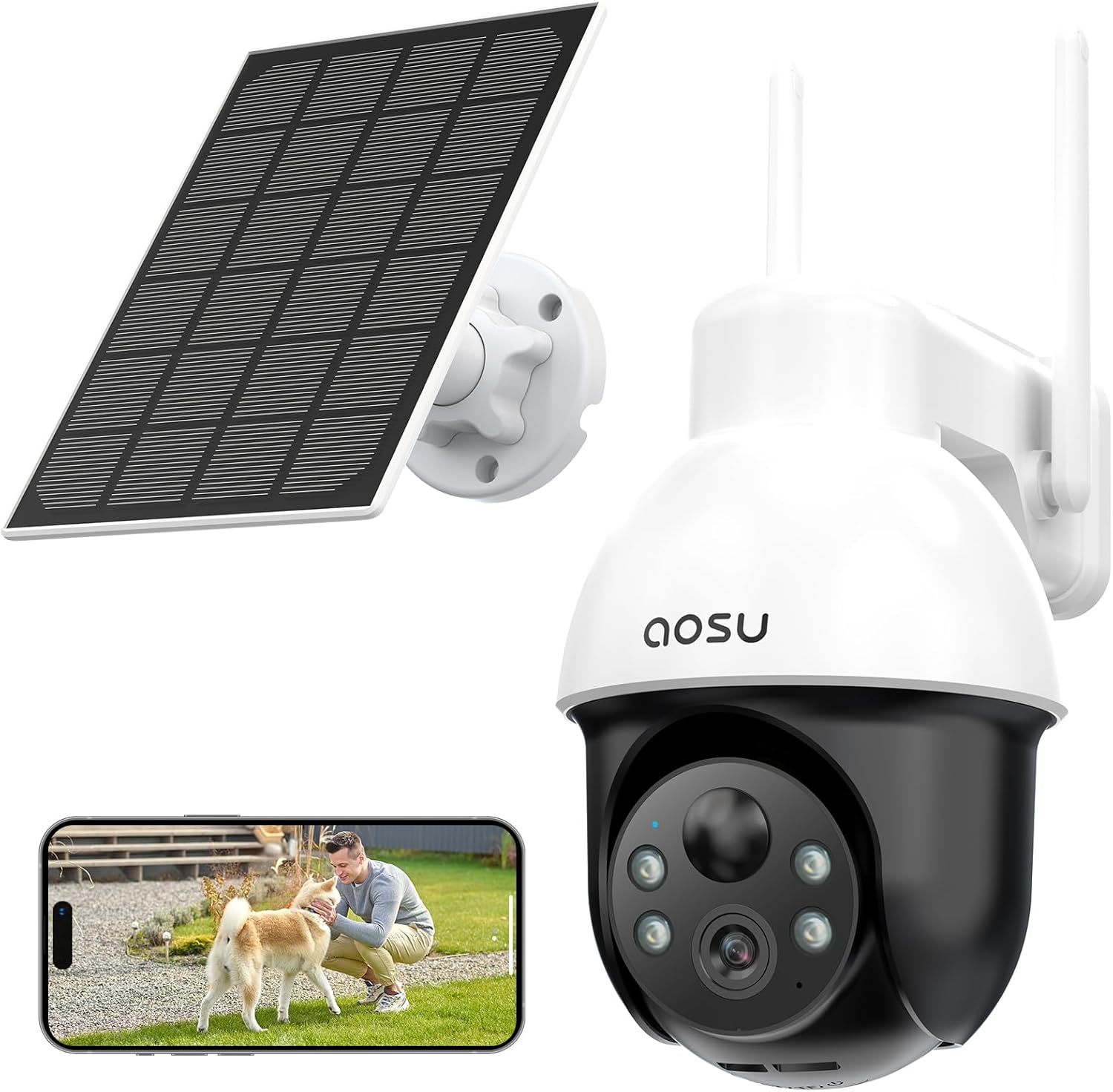 AOSU Solar Security Camera Wireless Outdoor System, 3K/5MP Battery Powered WiFi Camera for Home Security, Panoramic PTZ, Auto Tracking, Human/Vehicle Detection, Night Vision, Spotlights, 2-Way Talk 1 Pack