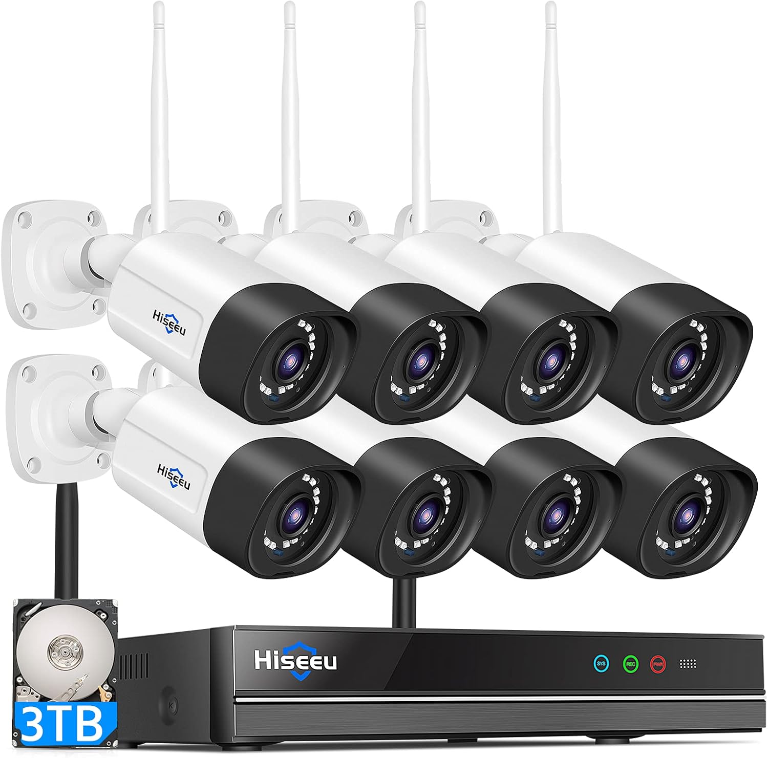 Hiseeu Wireless Security Camera System, 5MP WiFi Camera for Home Security, WiFi-Pro 8 Cam-Kit,16CH, 2-Way Audio, Color Night Vision, IP66 Waterproof, 3TB Storage, 24/7 Recording, No Monthly Fees 16ch 8x 5MP Cameras 3T HDD 2 Way Audio