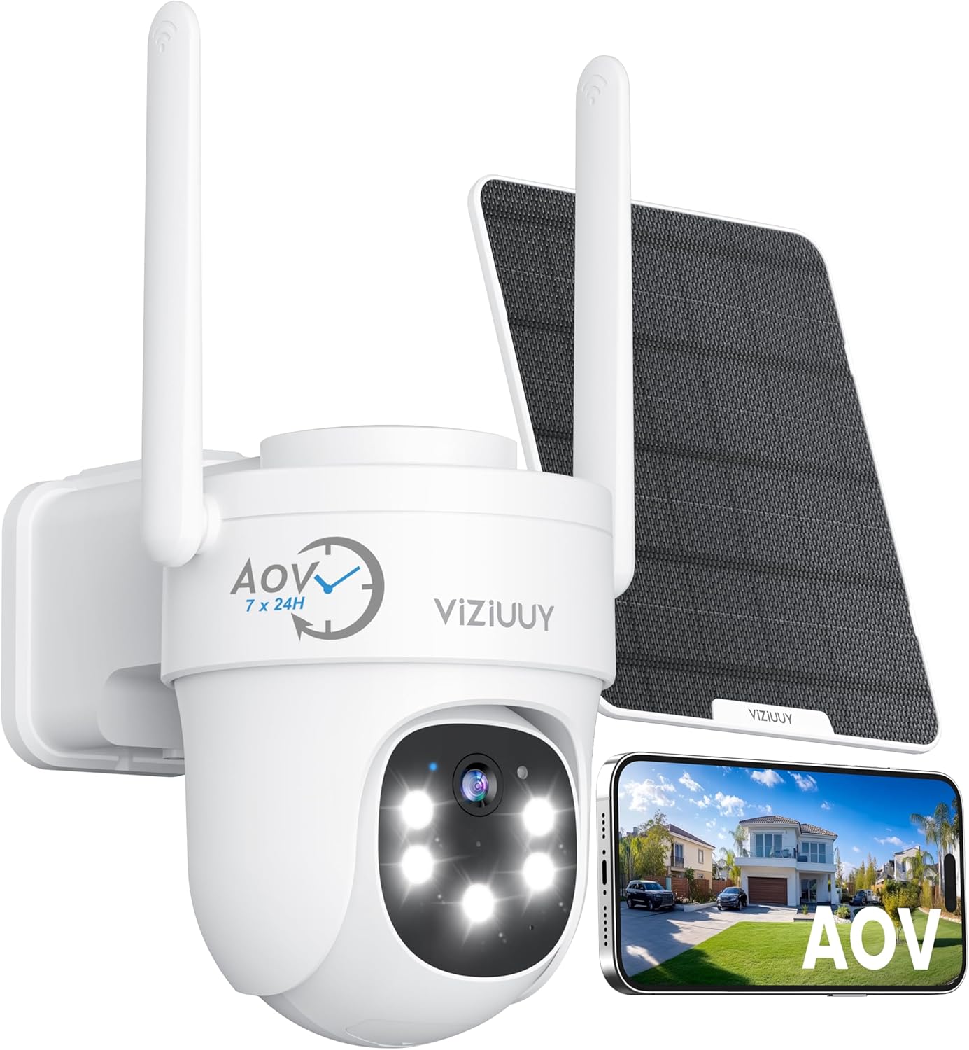 AOV Security Camera, 24H Continuous Recording Security Cameras Wireless Outdoor, WiFi 6, 2K Solar-Powered Cameras for Home Security, 360° PTZ, Auto Tracking, 512G Local Storage(Not Include) White