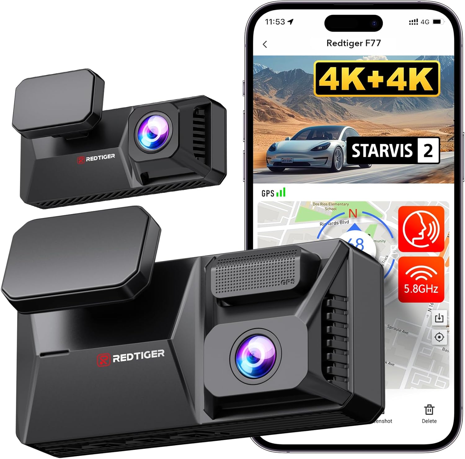 REDTIGER F77 4K+4K Front and Rear Dash Cam with HDR, Dual STARVIS 2 IMX678 Sensor, Voice Control Dash Camera for Cars with 128GB eMMC Storage, 5.8GHz WiFi, 4\'\' Touch Screen, 24H Parking Mode F77 V1(128GB eMMC)