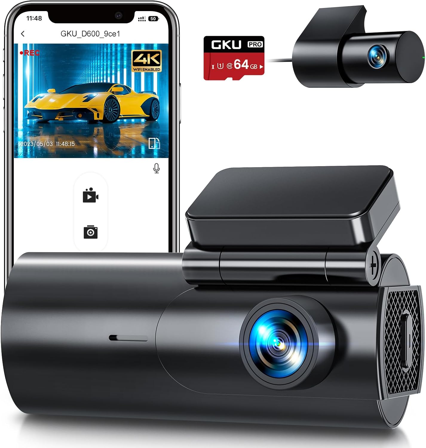 GKU Dash Cam Front and Rear Camera – 4K+1080P Dual Dash Camera for Cars with 64GB SD Card, 5GHz WiFi & App Control, Night Vision, Parking Mode, G-Sensor, Loop Recording, WDR, 170° Wide Angle D600