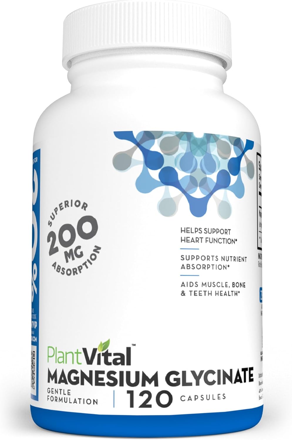 PlantVital Magnesium Glycinate 200mg 120 Capsules - High Absorption, Non-GMO, Vegan, Gluten-Free - Supports Normal Sleep, Muscle & Nerve Function, Normal Heart & Bone Health, Help Feeling Calm & Relax 120 Count (Pack of 1)