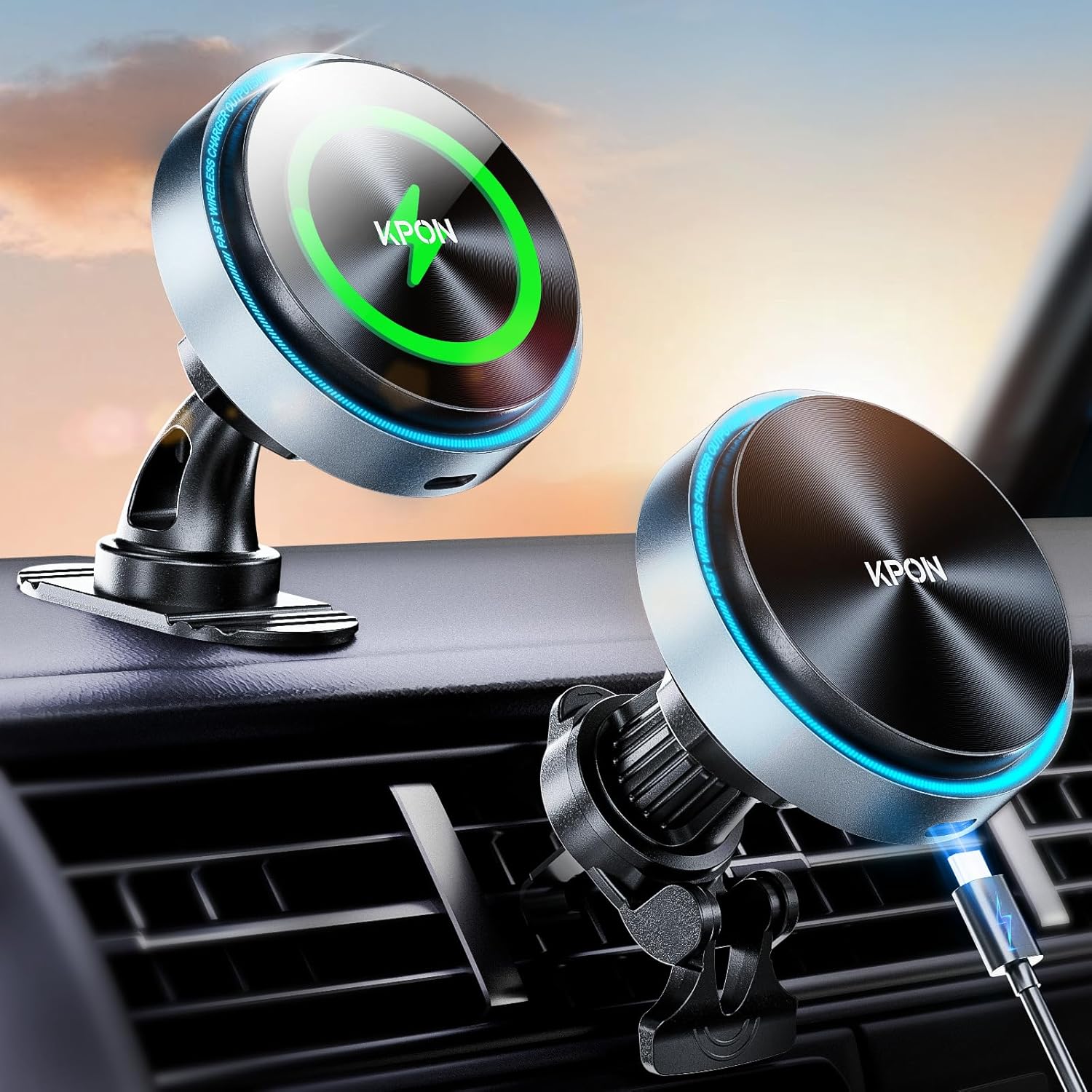 KPON for Magsafe Car Charger Mount, 15W Fast Charging LED 2in1 Magnetic Wireless Car Magsafe Charger for iPhone, Wireless Phone Charger for Car Fits iPhone 16 15 14 13 12,Samsung with MagSafe Case Gray